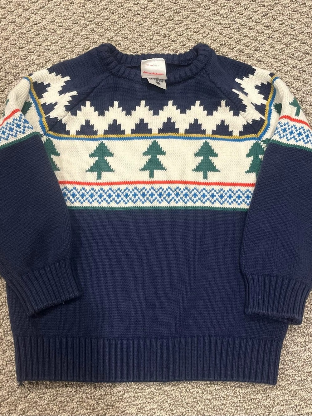 Hanna Andersson Navy Fair Isle Sweater with Green Tree Motifs and Red Trim